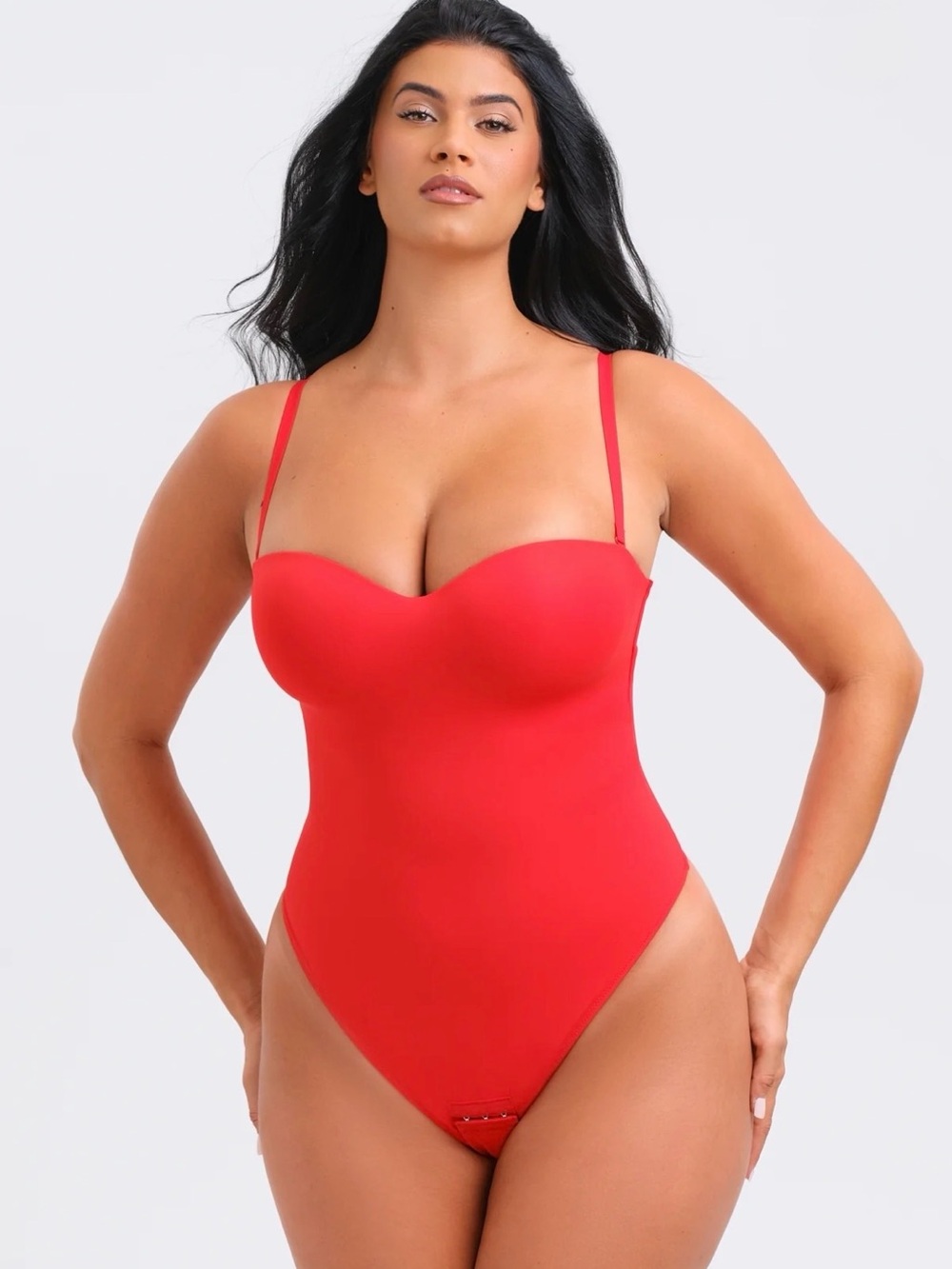 Sleek Red Strap Bodysuit with Supportive Sweetheart Neckline